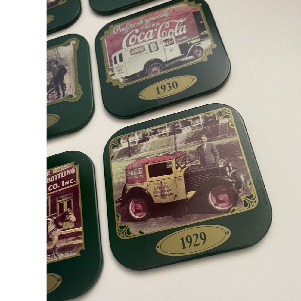 Y2K Coca Cola Coasters Metal 4 Inch Boxed Retro Drink Coke Vintage Lot 6 Green - Picture 3 of 7